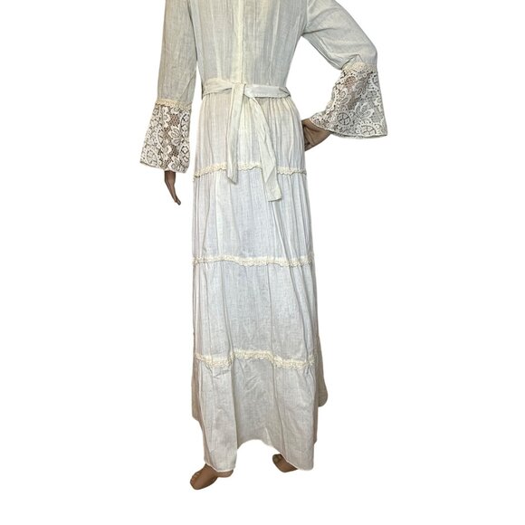Vintage 70s Ivory Boho Praire Cottagecore Tiered Maxi Dress Crochet Bell Sleeves - Picture 6 of 16